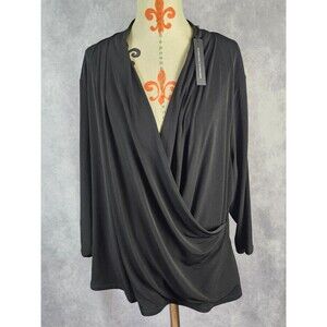 NWT Tahari Perfect Shape Womens 3X Black Plunge Blouse Top Flowy Wrap Stretch